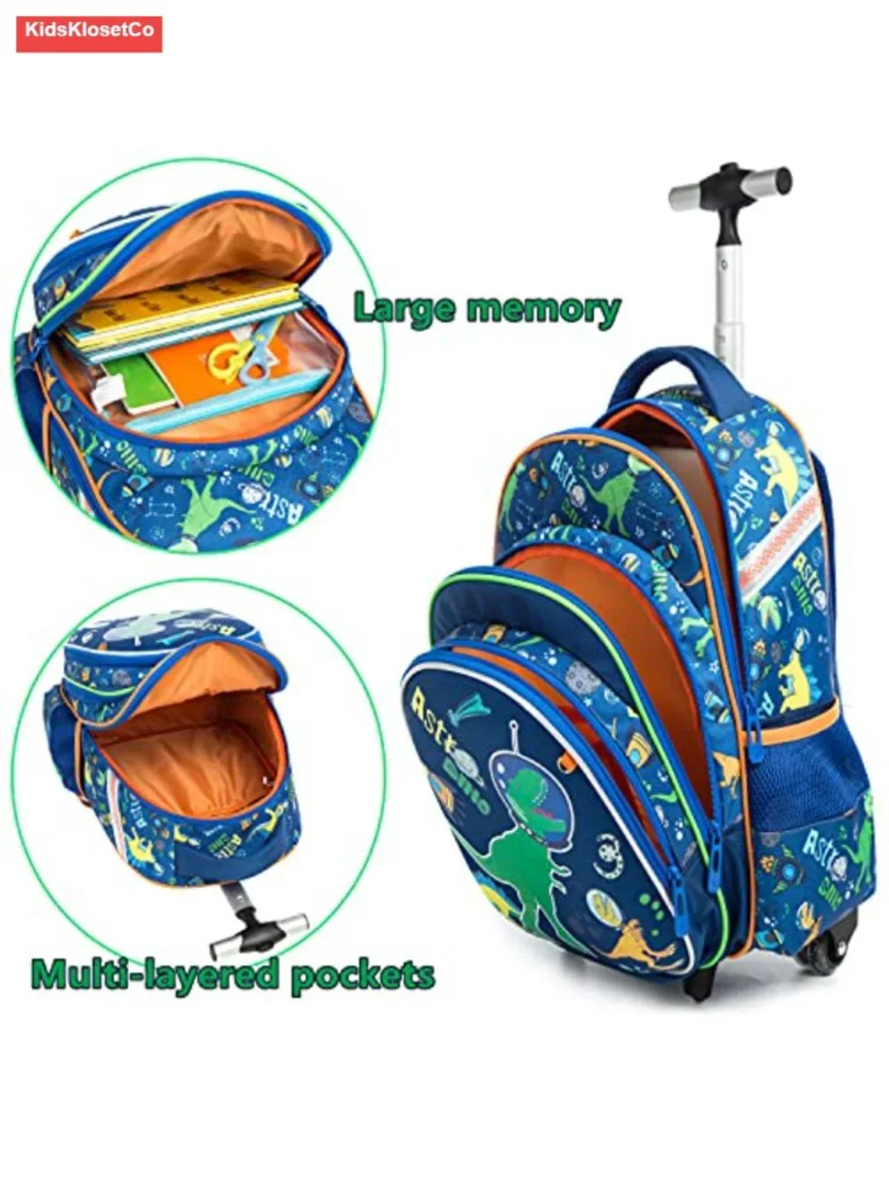 Kids Rolling Backpack with Wheels Dinosaur School Bag Lunch Box Trolley